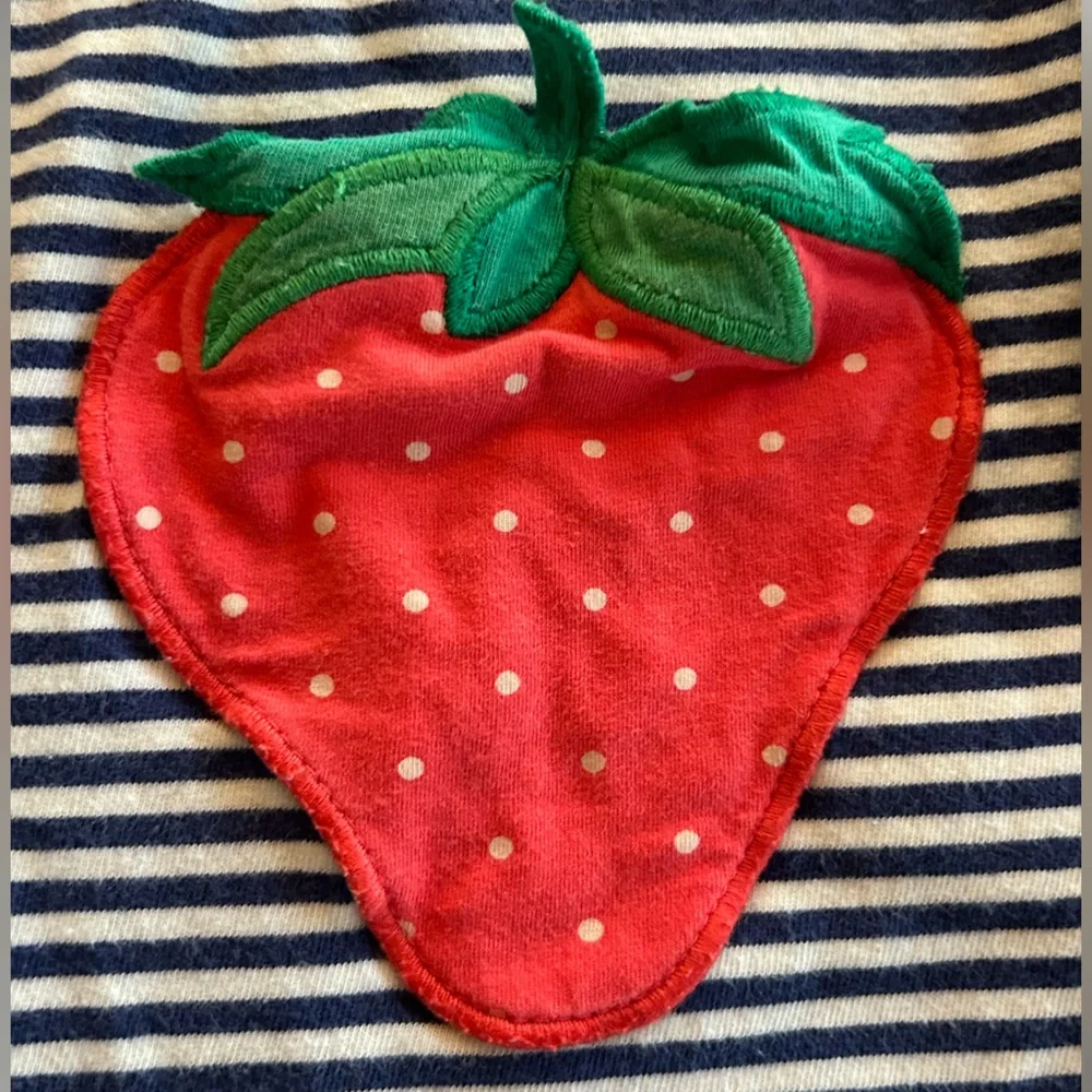 Mini Boden Navy & White Striped Long Sleeve Top with Red Strawberry Pockets